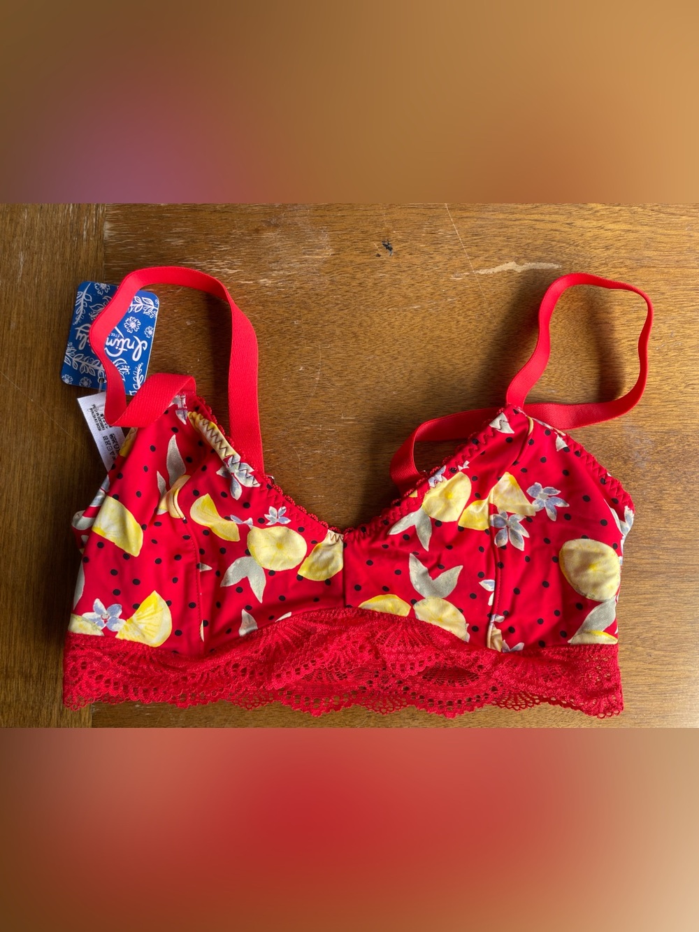 Free People Red Lemon-Print Bralette with Lace Trim